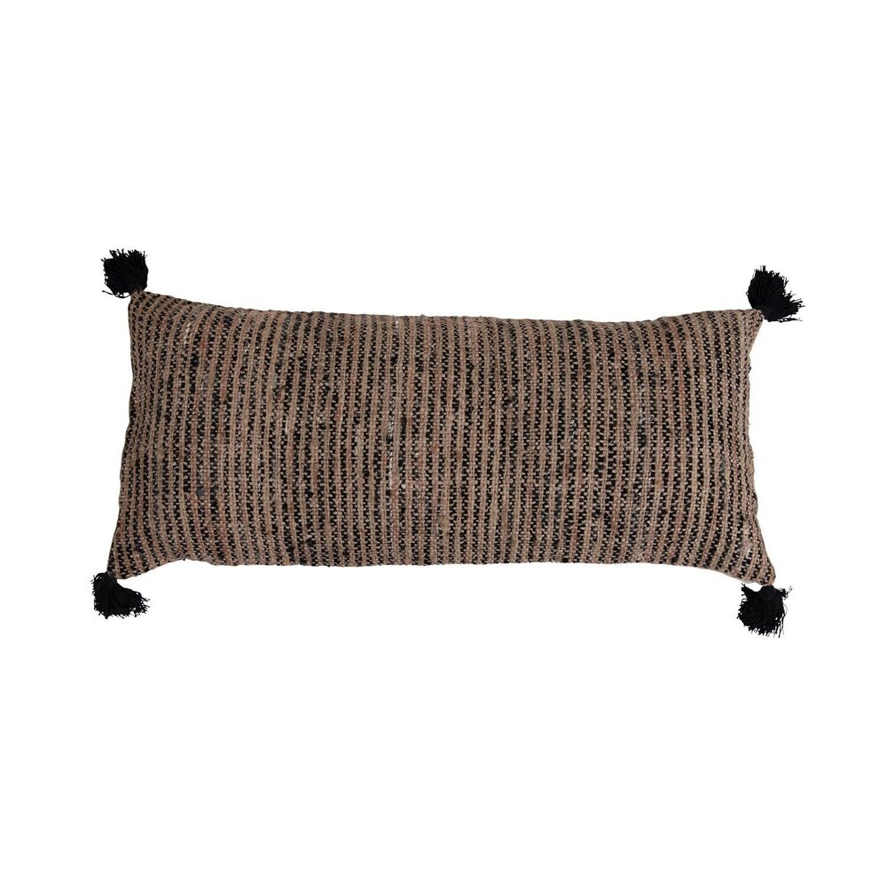 1639 Woven Cotton Striped Lumbar Chambray Back and Tassels Pillow, 36" L x